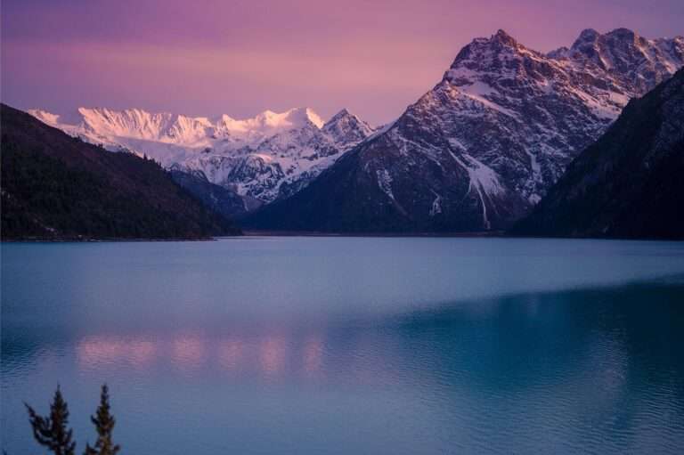 lake, sunset, snow, snow mountains, mountains, lake surface, nature, rizhao, jinshan, dusk, twilight, reflection, sichuan
