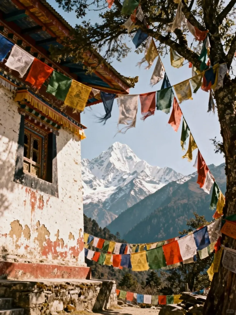 Ancient temple corner in western Sichuan with prayer flags