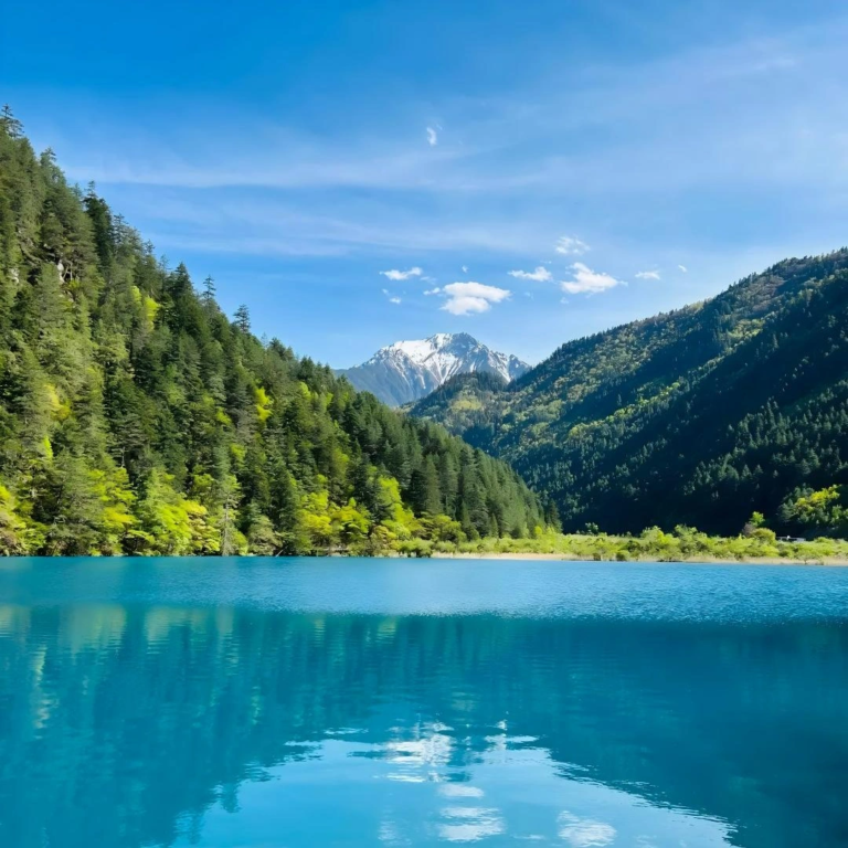 Scenic lake and green mountains in Jiuzhaigou National Park