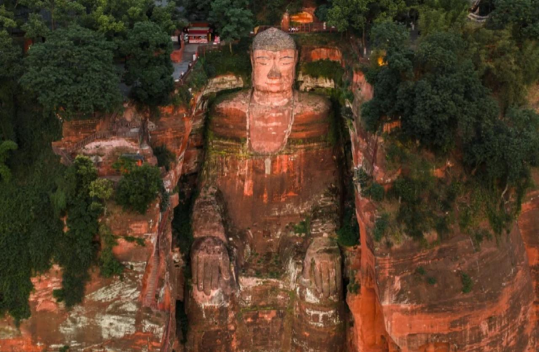 Full-body view of the Leshan Giant Buddha in Sichuan, China