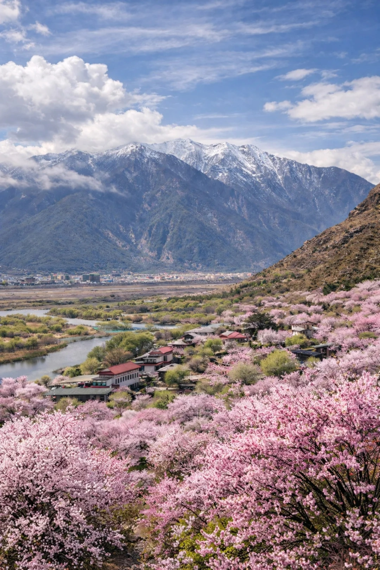 Peach Valley landscape with Himalayan mountains in Linzhi, Tibet