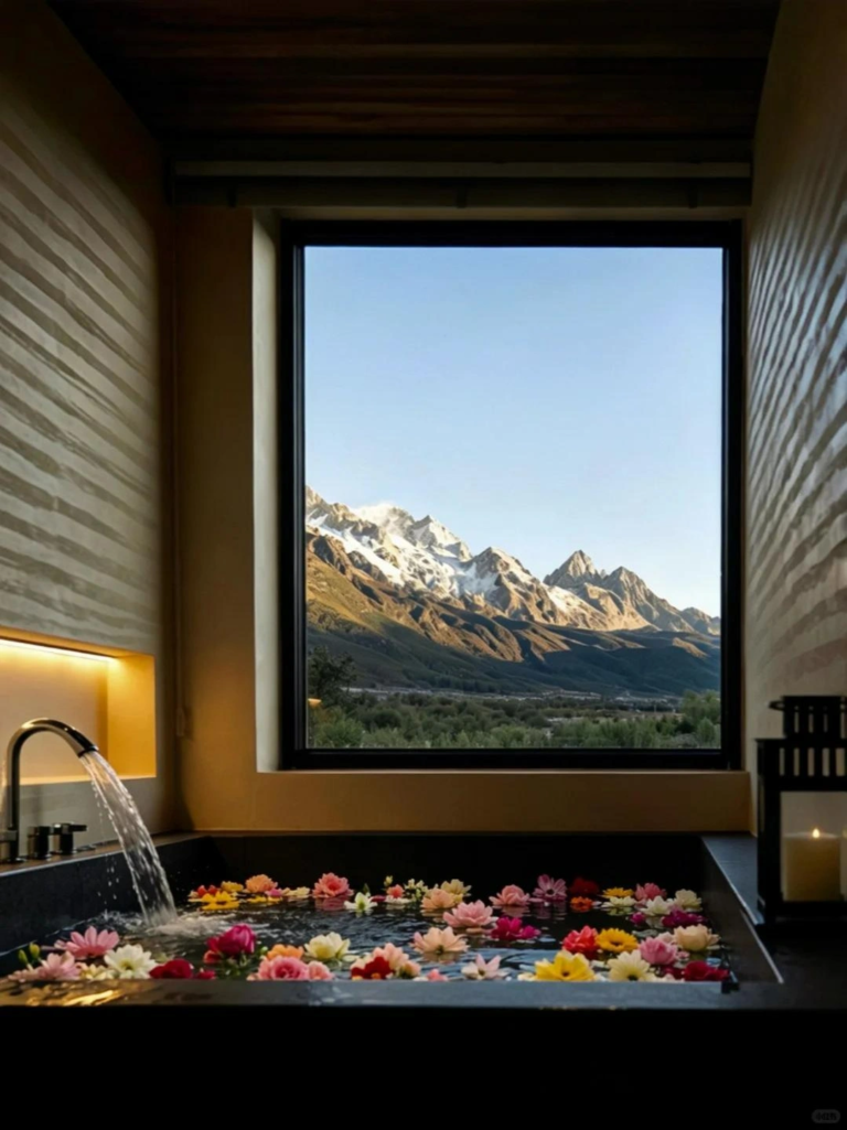 Luxury hotel room with snow mountain view and flower bathtub