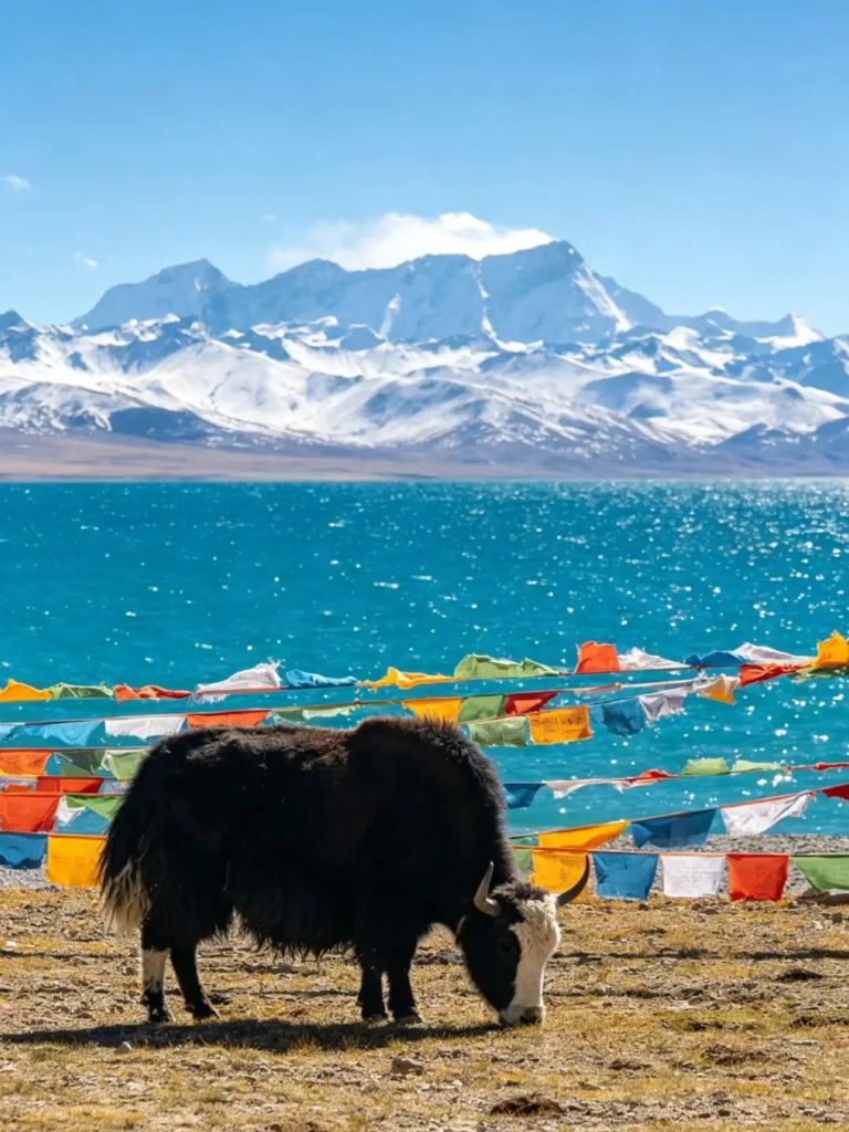 Yaks near Namsto Lake with prayer flags in Tibet