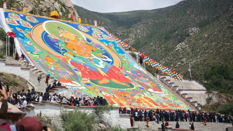 Crowds celebrating the Shoton Festival in Tibet