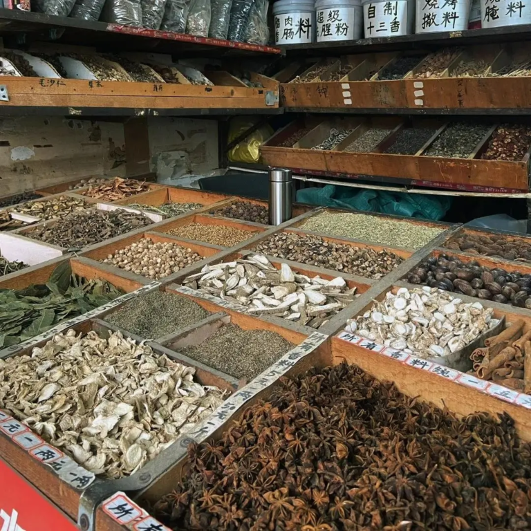 Traditional spice stall inside a local market in Sichuan China