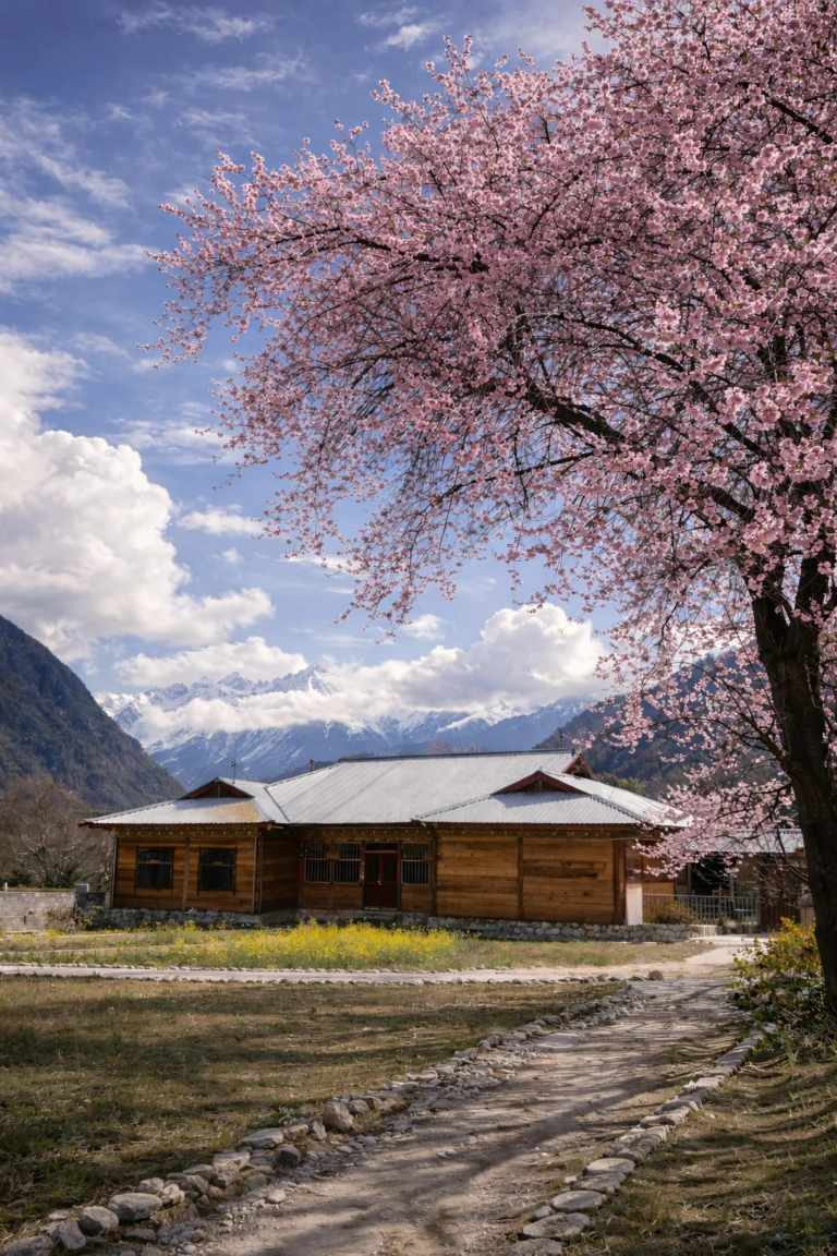 Spring peach blossoms surrounding a village in Linzhi, Tibet