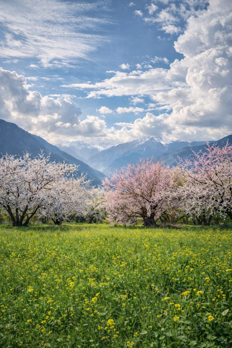 Peach blossoms with mountain scenery in Nyingchi, Tibet