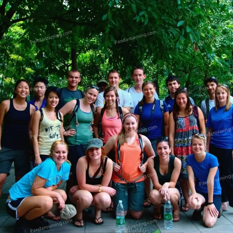 A group of young travelers and students posing together during a Western Sichuan trip