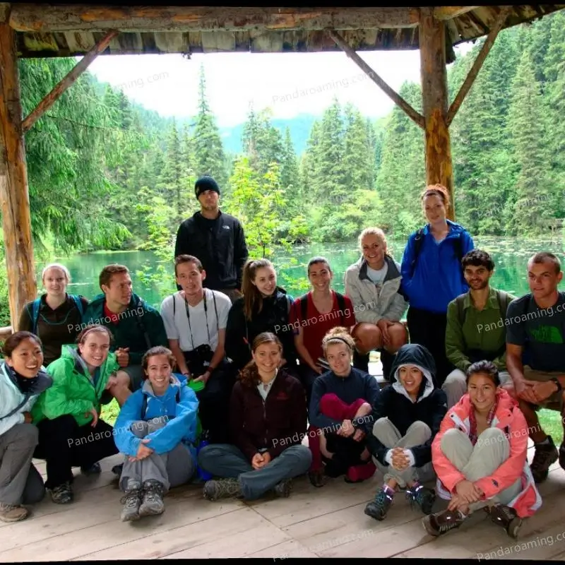 A group of young travelers posing in a pavilion during a Western Sichuan journey