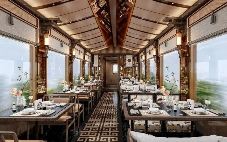 Luxury restaurant carriage on a Xinjiang tourist train