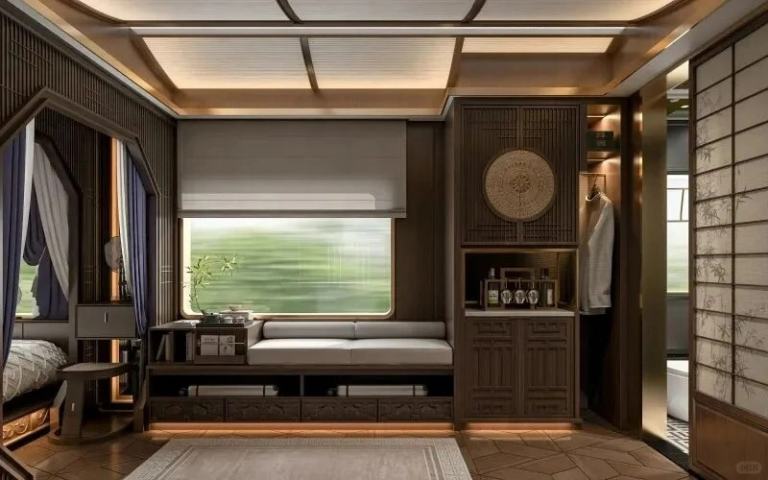 Comfortable seating area inside a Xinjiang train cabin