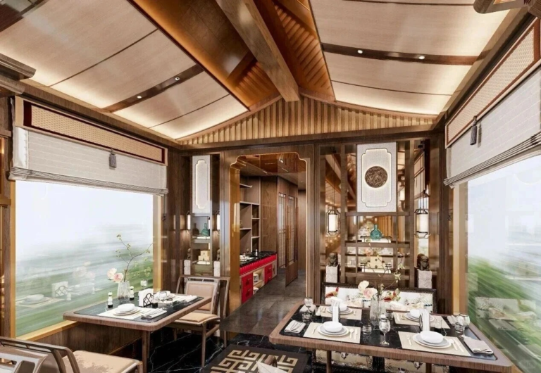 Dining carriage serving meals on a Xinjiang travel train