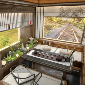 Tea and relaxation area in the rear carriage of a Xinjiang tourist train
