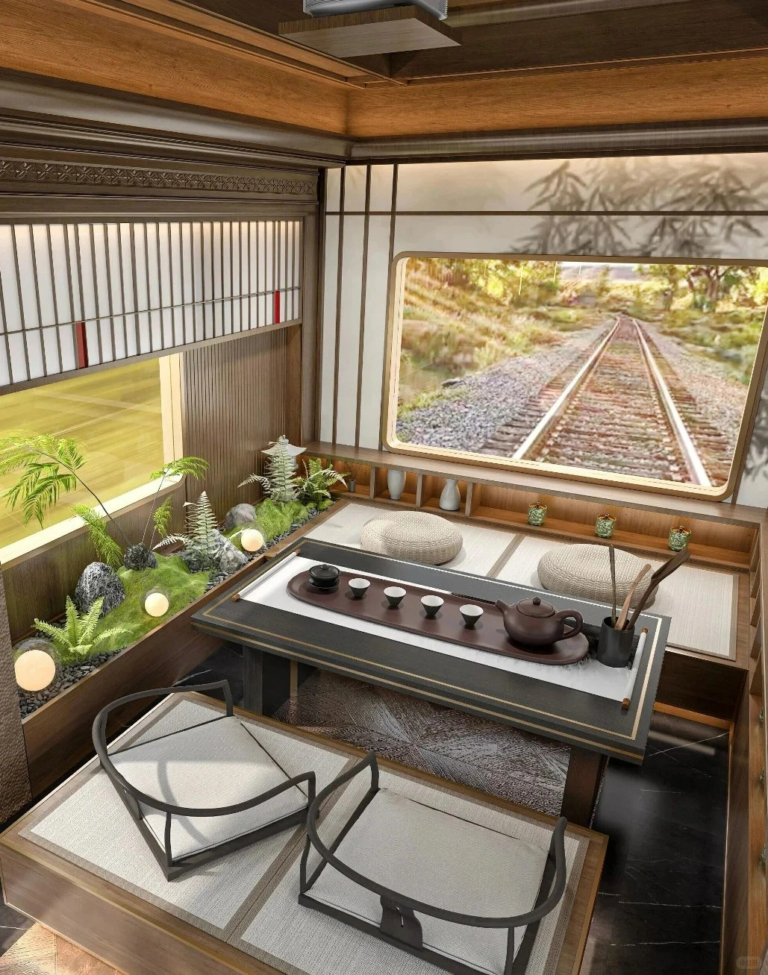 Tea and relaxation area in the rear carriage of a Xinjiang tourist train