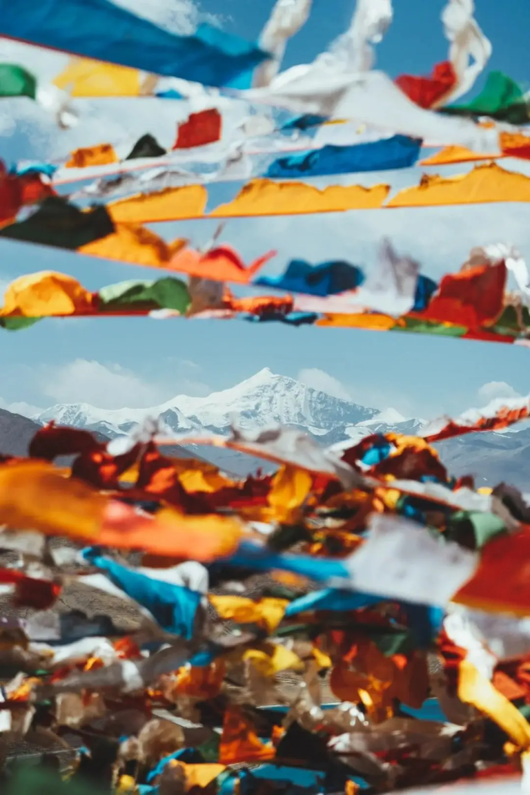 Prayer flags at Yamdrok Lake in Tibet