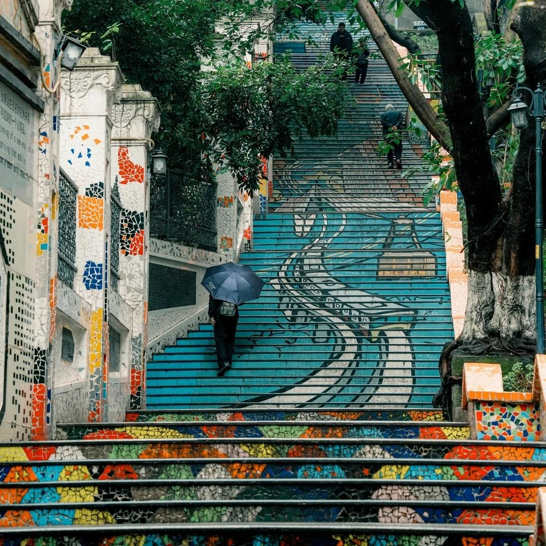 Colorfully painted stairway at Zaozilan’ya Street in Chongqing