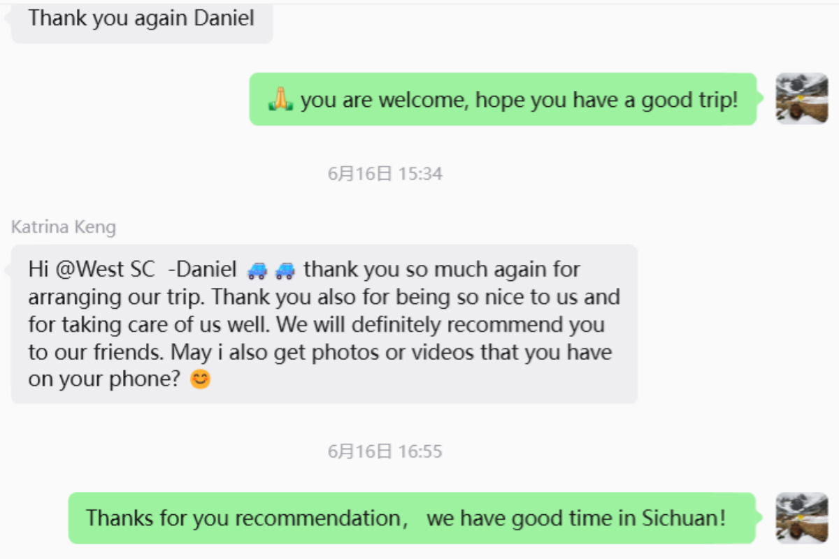 Traveler review thanking Panda Roaming team for Western Sichuan private tour service