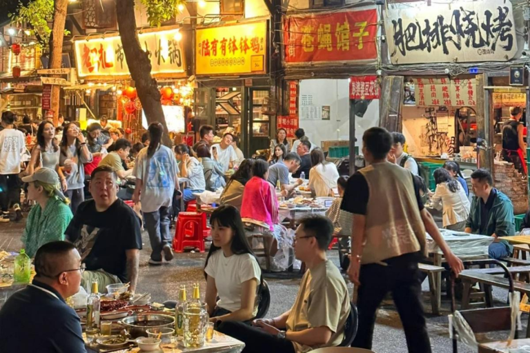 Chengdu night market with local street food and evening atmosphere