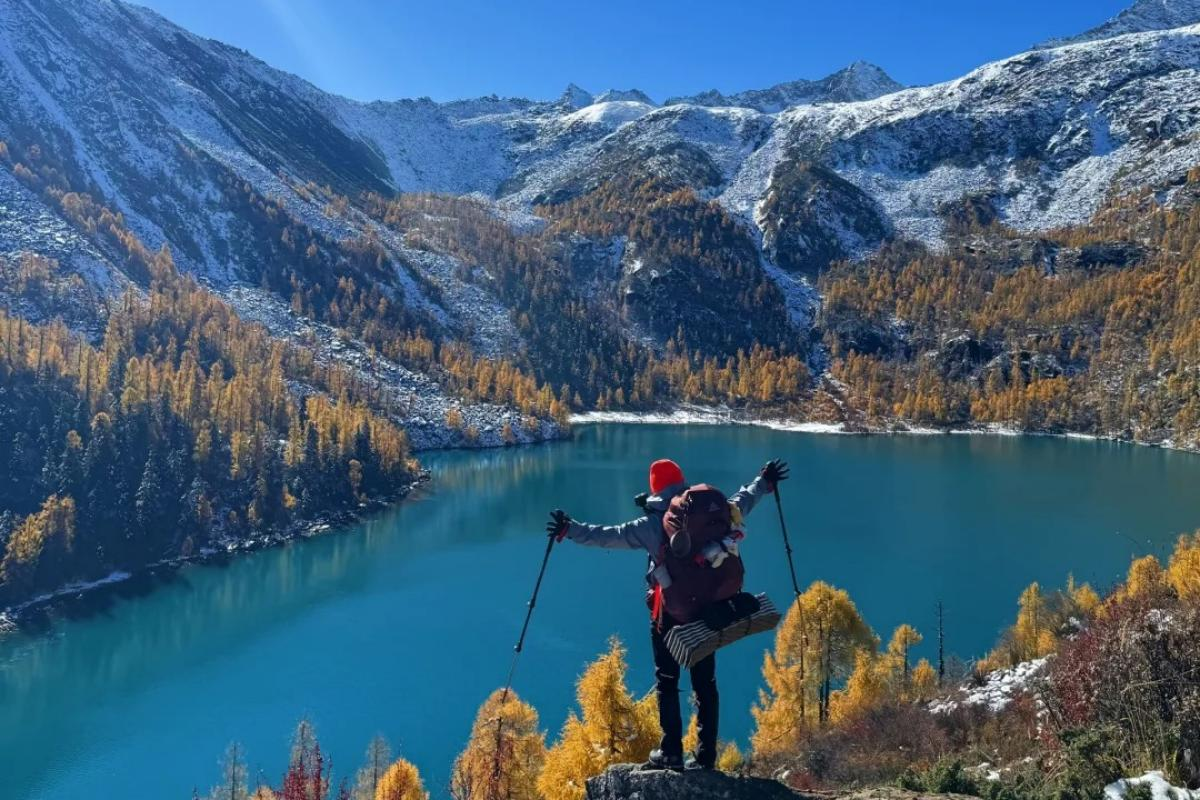 Dangling Trekking Alpine Lake Western Sichuan Hiker exploring an alpine lake along the Dangling trekking route in Western Sichuan