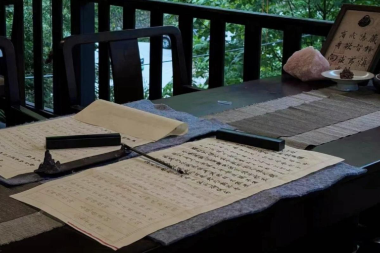 Visitor practicing Buddhist scripture copying during a Zen experience at Mount Emei