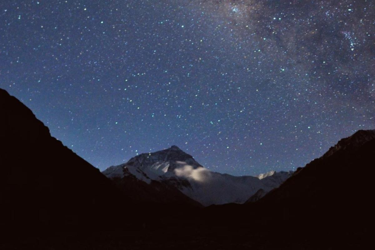 Starry night sky above Everest Base Camp with Mount Everest in Tibet