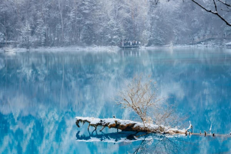 Snow-covered winter landscape in Jiuzhaigou Valley, Sichuan