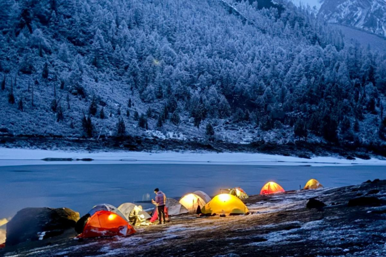 Trekking campsite with tents in Qizanggou Valley, Sichuan