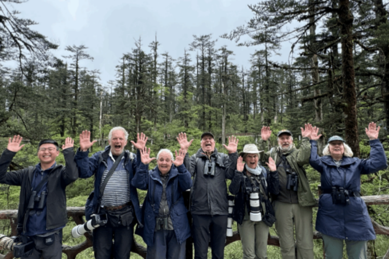 Birding group exploring Sichuan forests during a wildlife observation journey in China