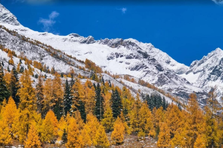 Siguniang Mountain surrounded by colorful autumn forests in Sichuan