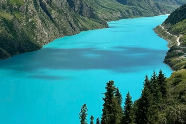 Yuhu Lake surrounded by mountain landscapes in Zhaosu, Xinjiang