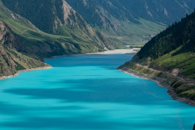 Yuhu Lake surrounded by mountain landscapes in Zhaosu, Xinjiang