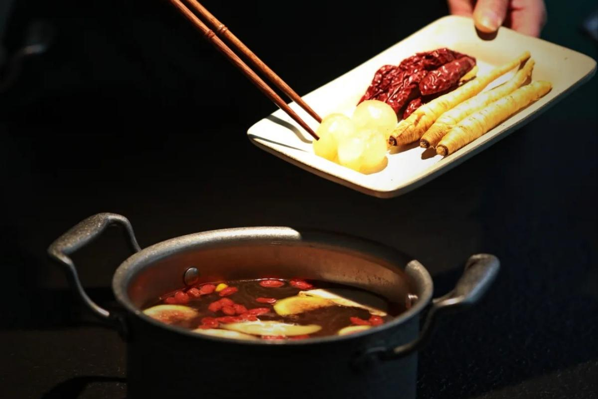 Vegetarian hot pot in Chengdu with vegetables, mushrooms and tofu