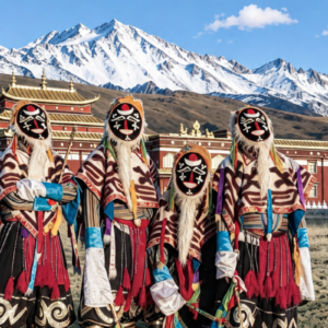 Tibetan opera performance beneath Yala Snow Mountain in Western Sichuan