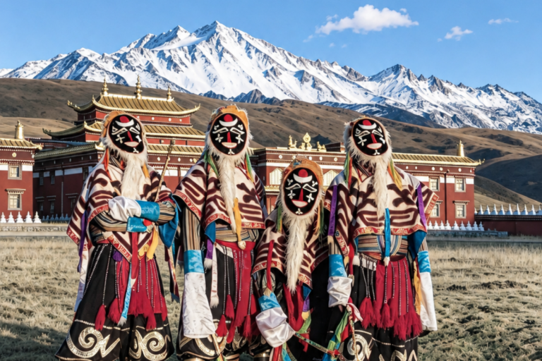 Tibetan opera performance beneath Yala Snow Mountain in Western Sichuan