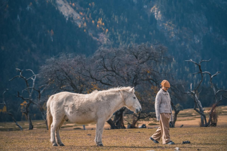 Traveler walking with a horse beside Wuxuhai Lake in Western Sichuan